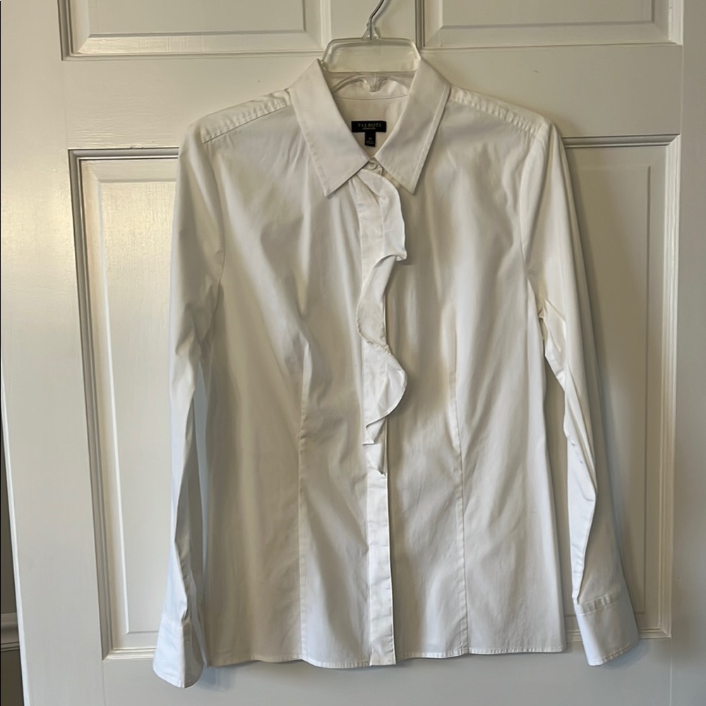 Talbots White Dress Shirt with Long Sleeves and Pointed Collar & Ruffle Detail